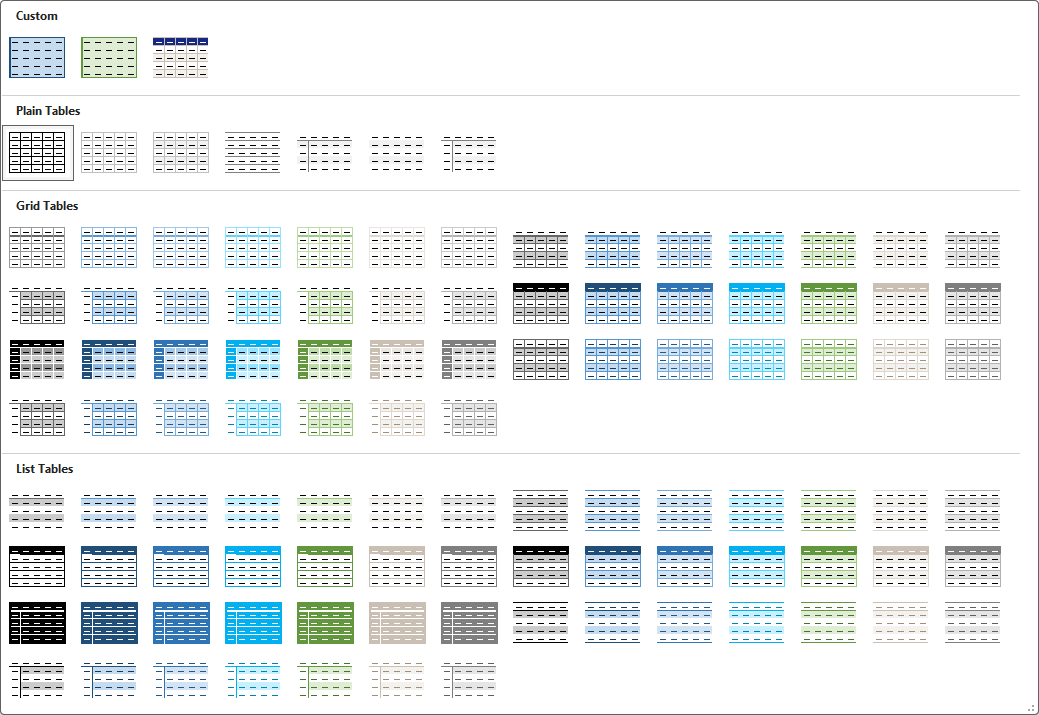 Standard table styles in Word