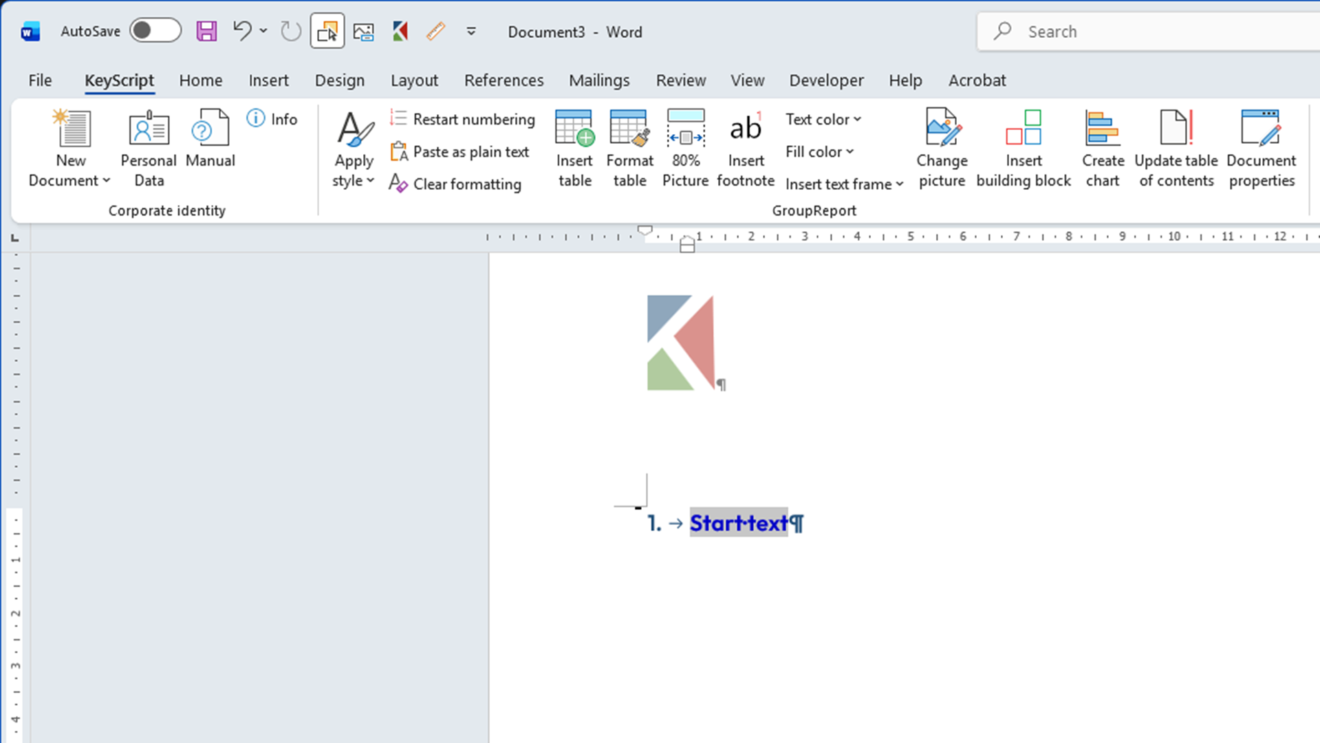 KeyScript tab on the Word ribbon