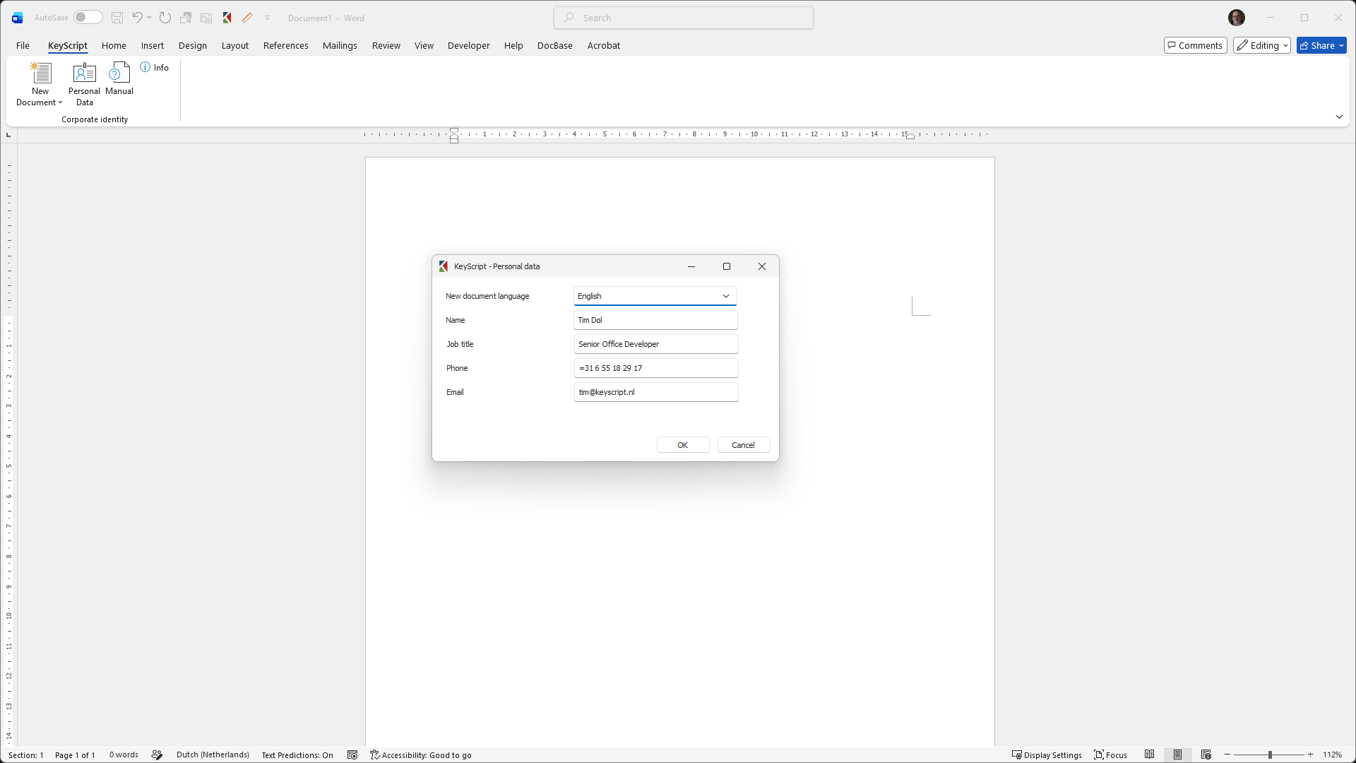 Personal details window in Word