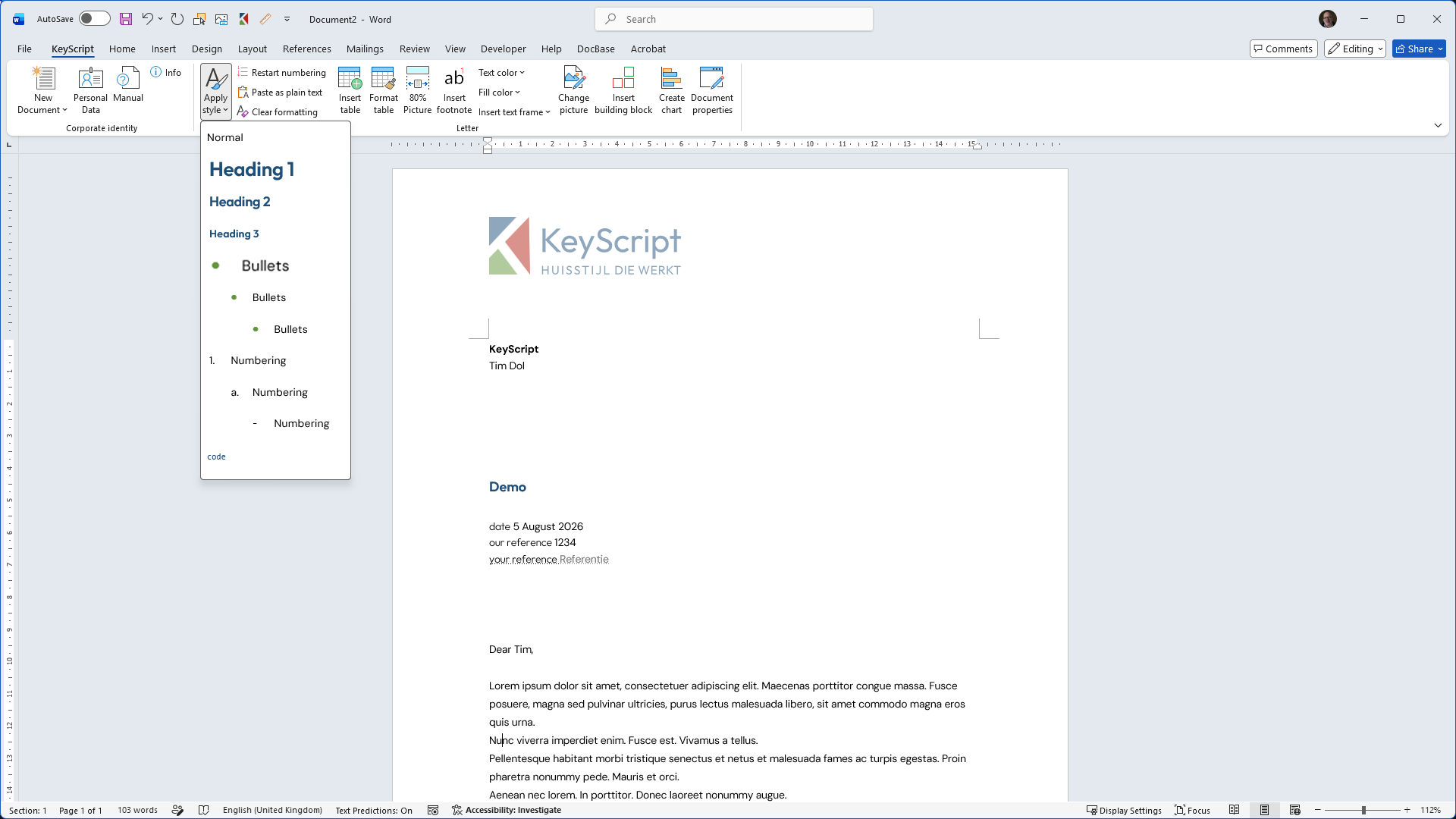 Styles and text buttons in Word